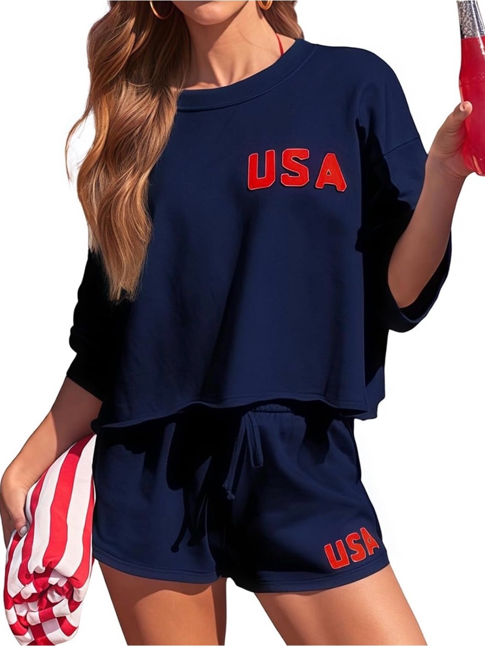 Navy USA Two-Piece Lounge Set with Red Lettering